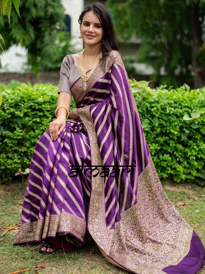 Pure Banarasi Silk Weaved With Copper Zari Comes With Heavy Banarasi Brocade Blouse - Almaari Fashion