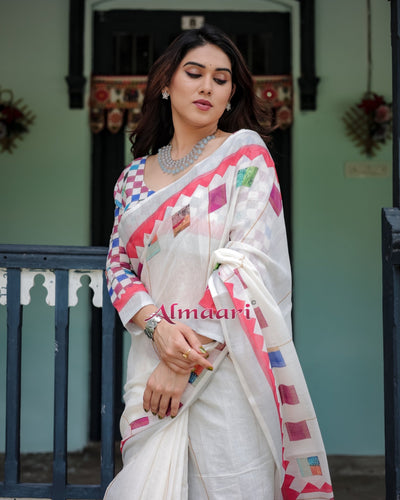 Pure Cotton Linen Saree Weaved With Zari Comes With Tassels - Almaari Fashion