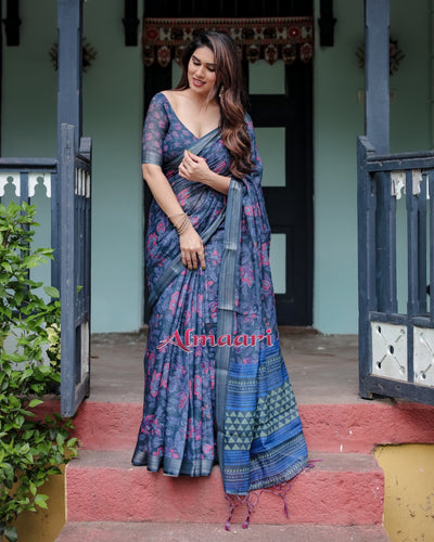 Pure Cotton Linen Saree Weaved With Zari Comes With Tassels - Almaari Fashion