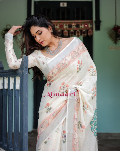 Pure Cotton Linen Saree Weaved With Zari Comes With Tassels - Almaari Fashion