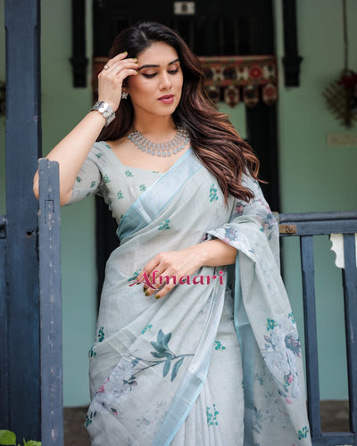 Pure Cotton Linen Saree Weaved With Zari Comes With Tassels - Almaari Fashion