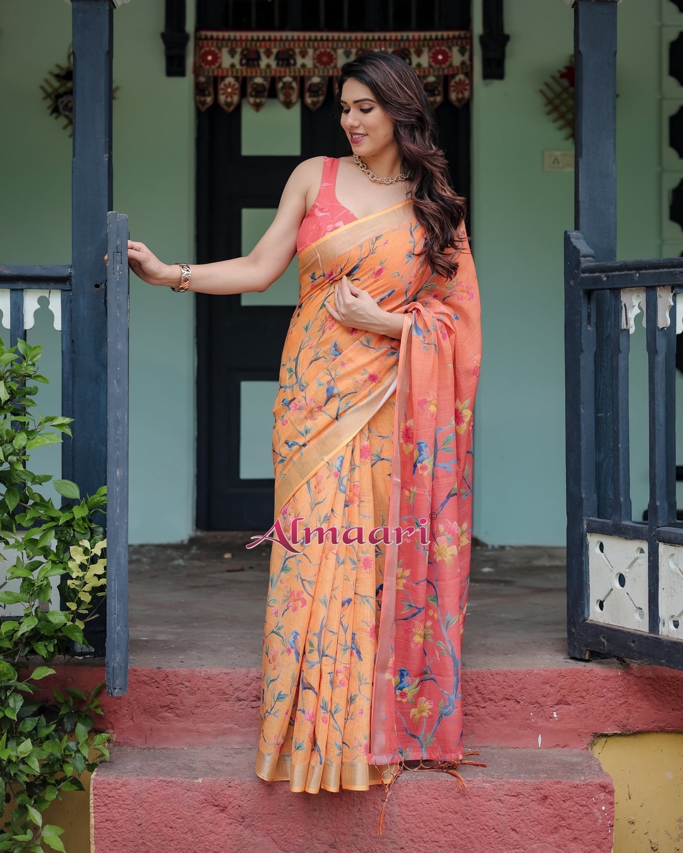 Pure Cotton Linen Saree Weaved With Zari Comes With Tassels - Almaari Fashion