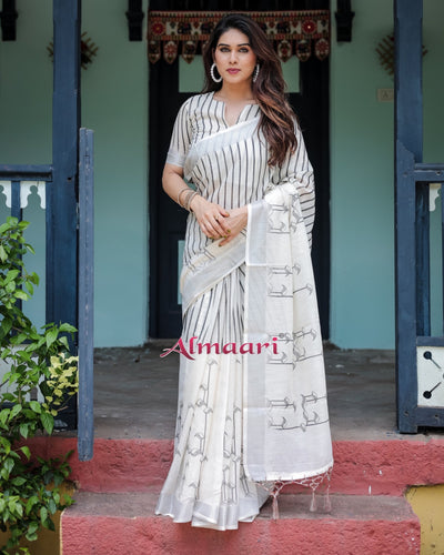 Pure Cotton Linen Saree Weaved With Zari Comes With Tassels - Almaari Fashion