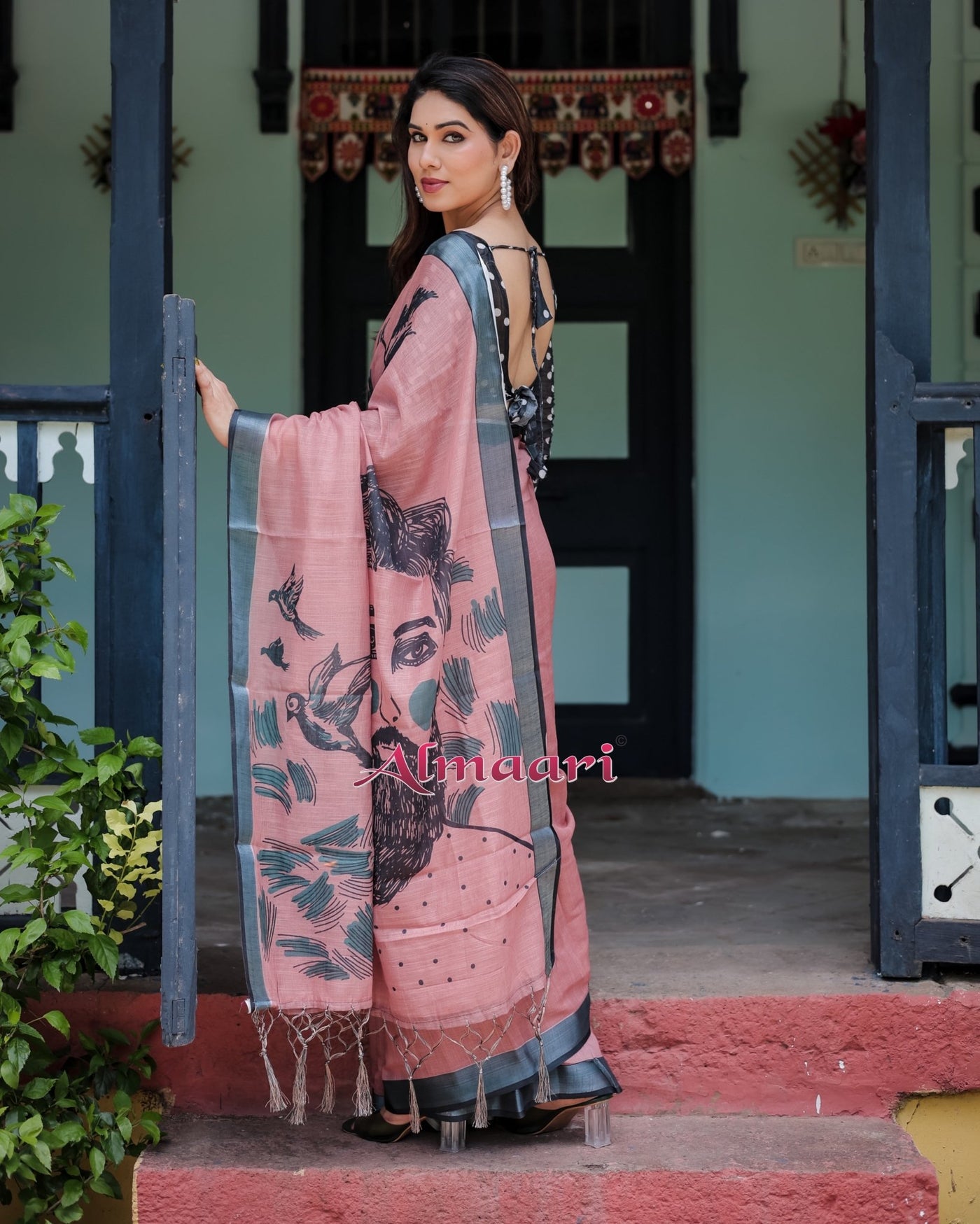 Pure Cotton Linen Saree Weaved With Zari Comes With Tassels - Almaari Fashion