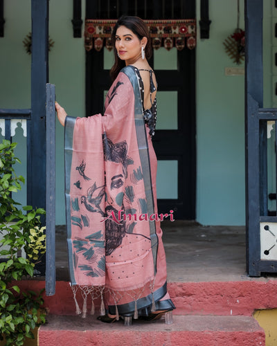 Pure Cotton Linen Saree Weaved With Zari Comes With Tassels - Almaari Fashion