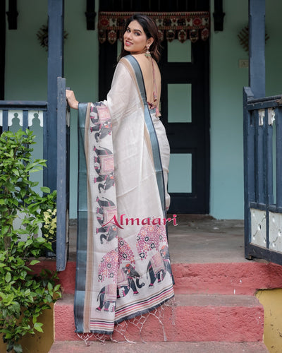 Pure Cotton Linen Saree Weaved With Zari Comes With Tassels - Almaari Fashion