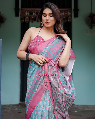 Pure Cotton Linen Saree Weaved With Zari Comes With Tassels - Almaari Fashion