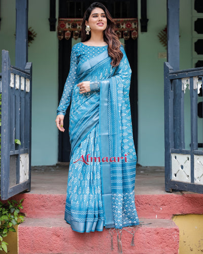 Pure Cotton Linen Saree Weaved With Zari Comes With Tassels - Almaari Fashion