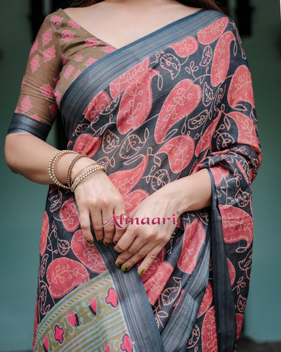 Pure Cotton Linen Saree Weaved With Zari Comes With Tassels - Almaari Fashion