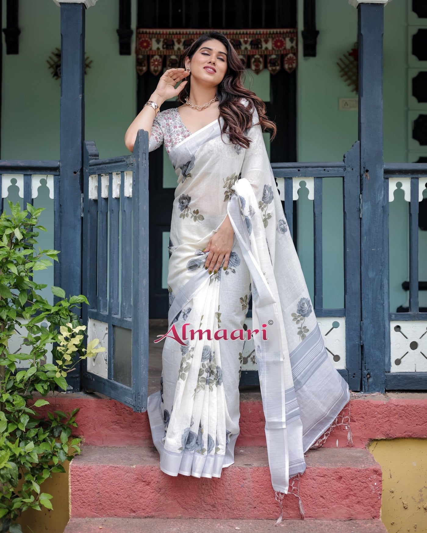 Pure Cotton Linen Saree Weaved With Zari Comes With Tassels - Almaari Fashion