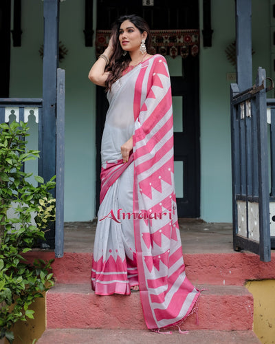 Pure Cotton Linen Saree Weaved With Zari Comes With Tassels - Almaari Fashion