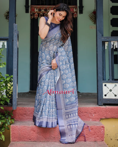 Pure Cotton Linen Saree Weaved With Zari Comes With Tassels - Almaari Fashion