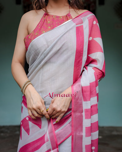 Pure Cotton Linen Saree Weaved With Zari Comes With Tassels - Almaari Fashion