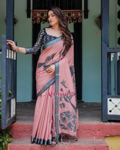 Pure Cotton Linen Saree Weaved With Zari Comes With Tassels - Almaari Fashion