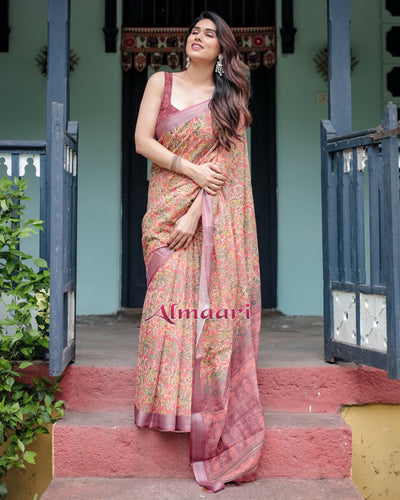 Pure Cotton Linen Saree Weaved With Zari Comes With Tassels - Almaari Fashion