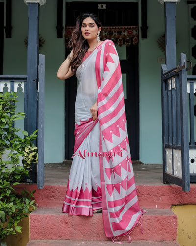 Pure Cotton Linen Saree Weaved With Zari Comes With Tassels - Almaari Fashion