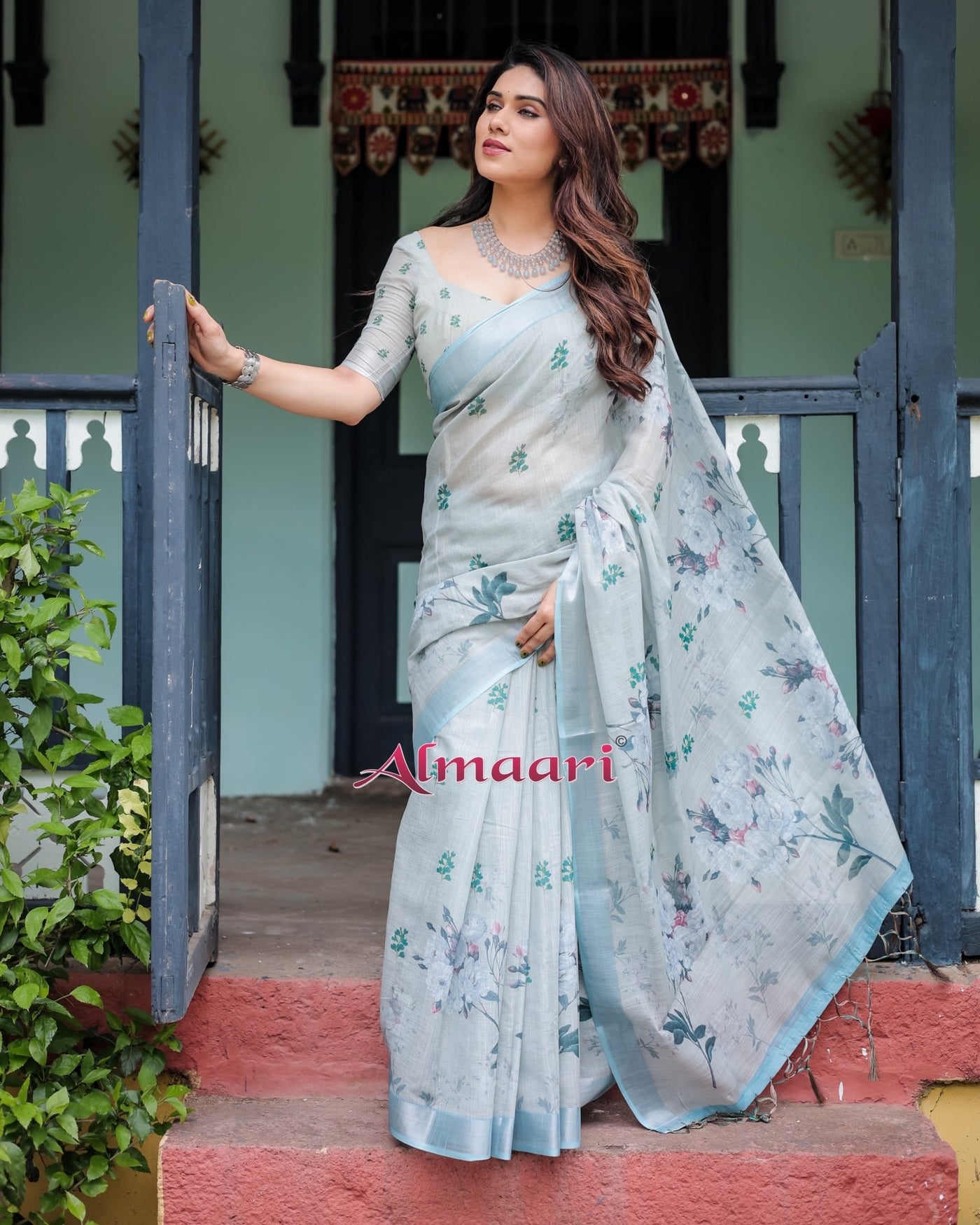 Pure Cotton Linen Saree Weaved With Zari Comes With Tassels - Almaari Fashion