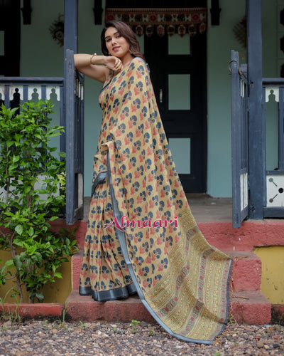 Pure Cotton Linen Saree Weaved With Zari Comes With Tassels - Almaari Fashion