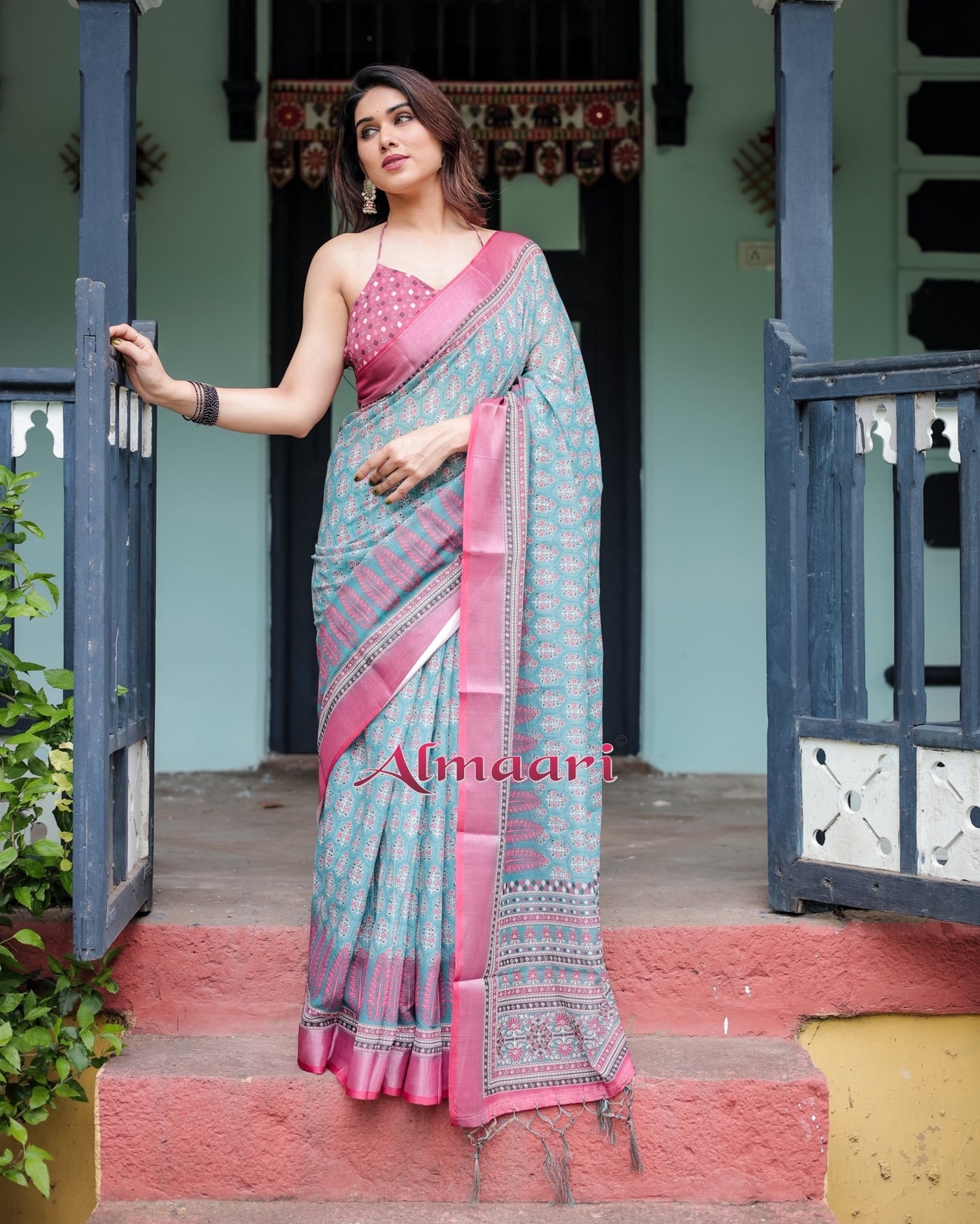 Pure Cotton Linen Saree Weaved With Zari Comes With Tassels - Almaari Fashion