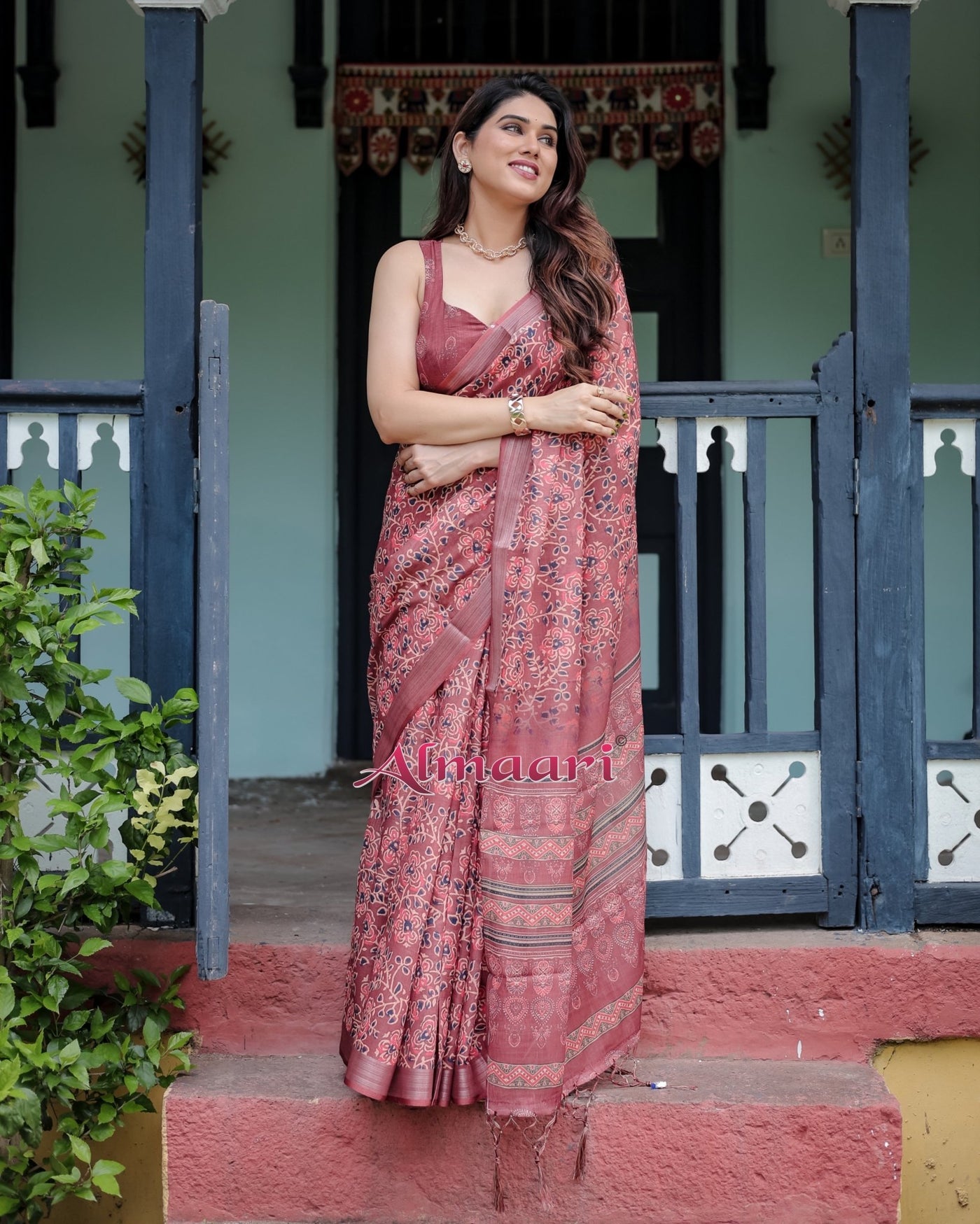 Pure Cotton Linen Saree Weaved With Zari Comes With Tassels - Almaari Fashion