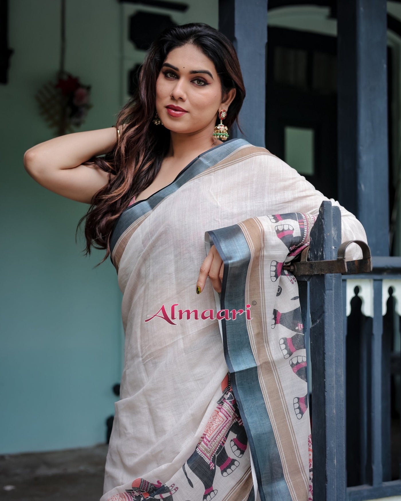 Pure Cotton Linen Saree Weaved With Zari Comes With Tassels - Almaari Fashion