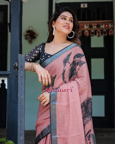 Pure Cotton Linen Saree Weaved With Zari Comes With Tassels - Almaari Fashion