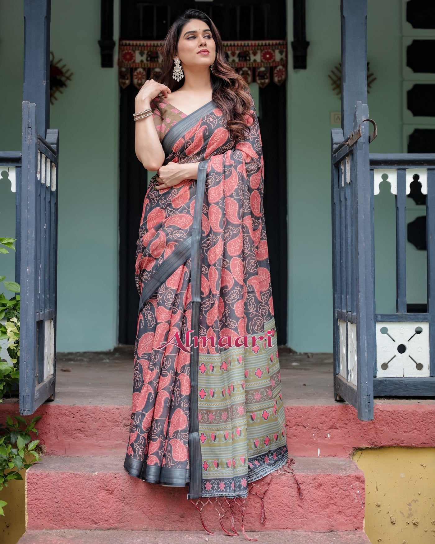 Pure Cotton Linen Saree Weaved With Zari Comes With Tassels - Almaari Fashion