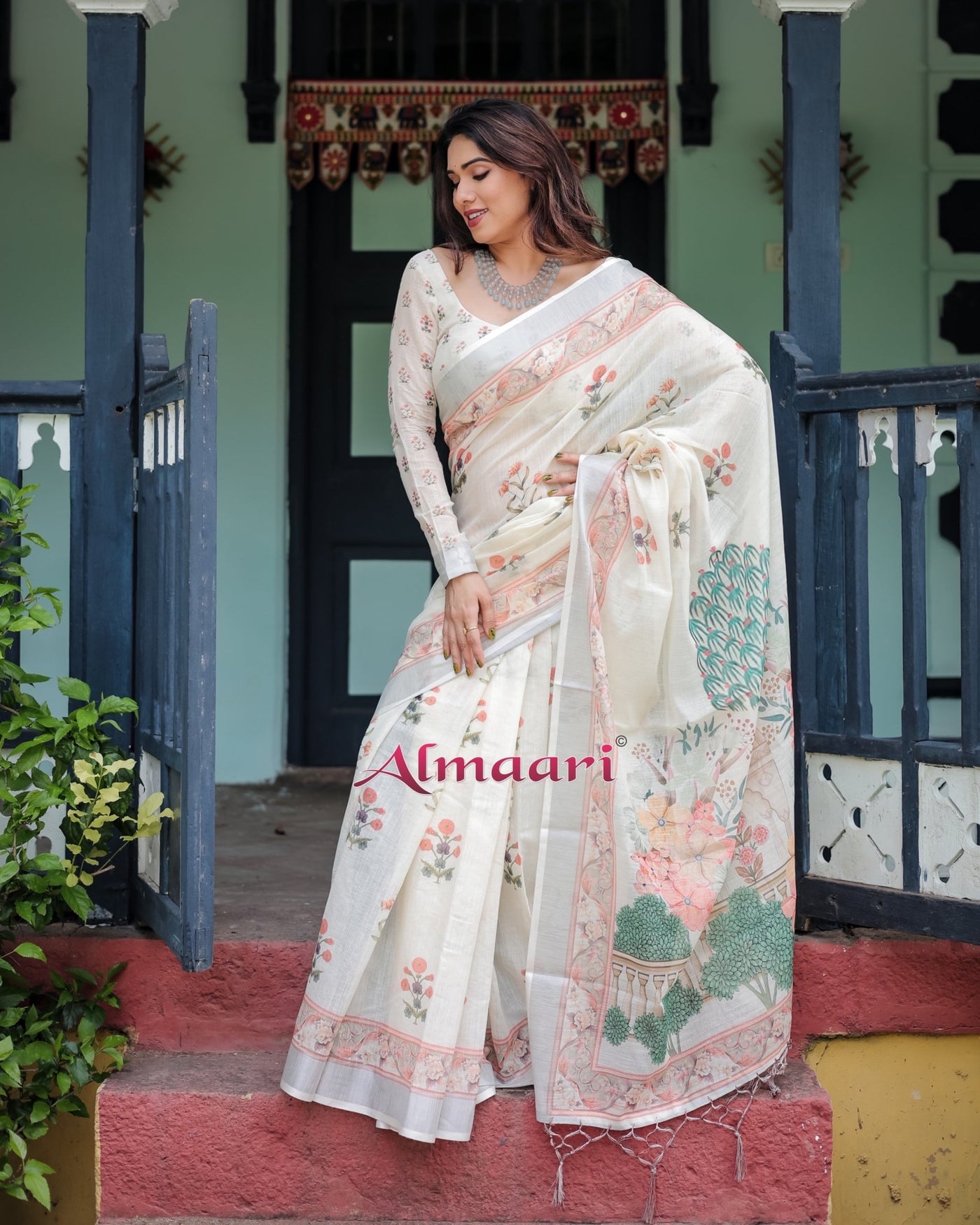 Pure Cotton Linen Saree Weaved With Zari Comes With Tassels - Almaari Fashion