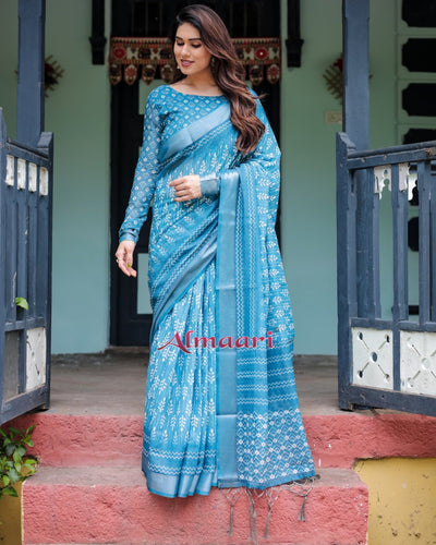 Pure Cotton Linen Saree Weaved With Zari Comes With Tassels - Almaari Fashion