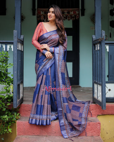 Pure Cotton Linen Saree Weaved With Zari Comes With Tassels - Almaari Fashion