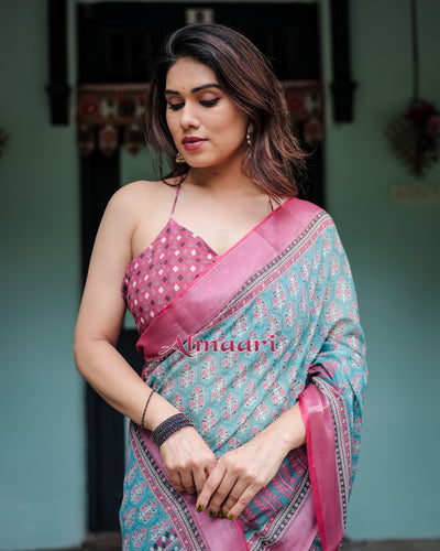 Pure Cotton Linen Saree Weaved With Zari Comes With Tassels - Almaari Fashion