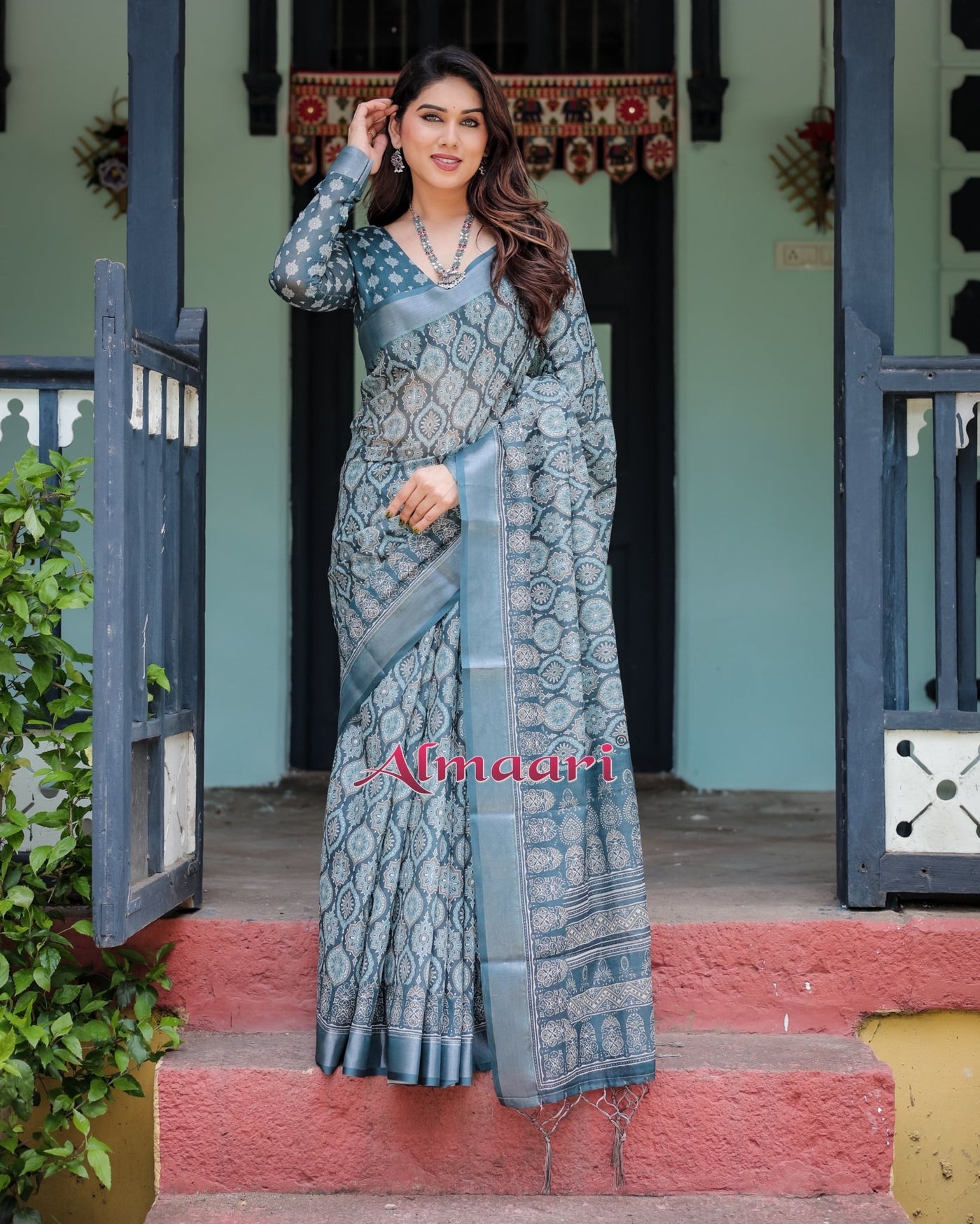 Pure Cotton Linen Saree Weaved With Zari Comes With Tassels - Almaari Fashion