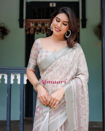 Pure Cotton Linen Saree Weaved With Zari Comes With Tassels - Almaari Fashion