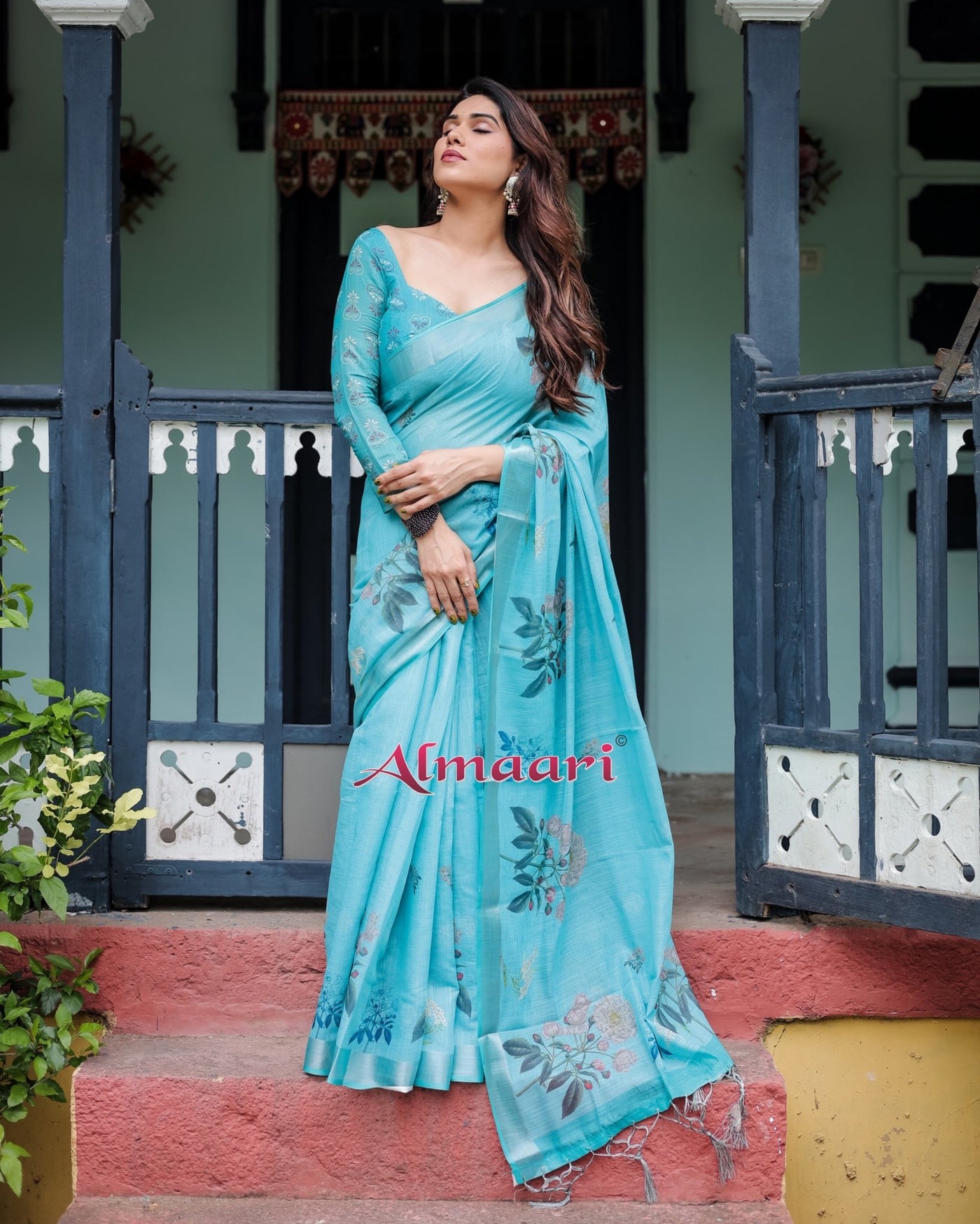 Pure Cotton Linen Saree Weaved With Zari Comes With Tassels - Almaari Fashion