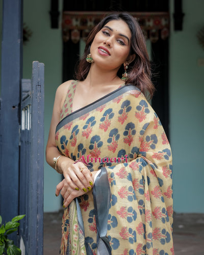 Pure Cotton Linen Saree Weaved With Zari Comes With Tassels - Almaari Fashion