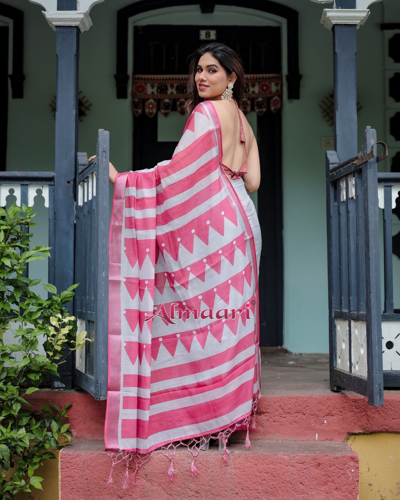 Pure Cotton Linen Saree Weaved With Zari Comes With Tassels - Almaari Fashion