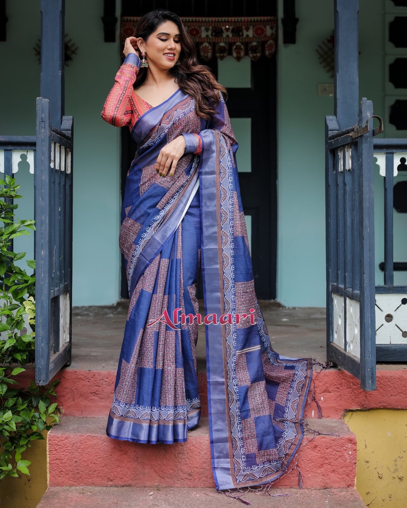 Pure Cotton Linen Saree Weaved With Zari Comes With Tassels - Almaari Fashion