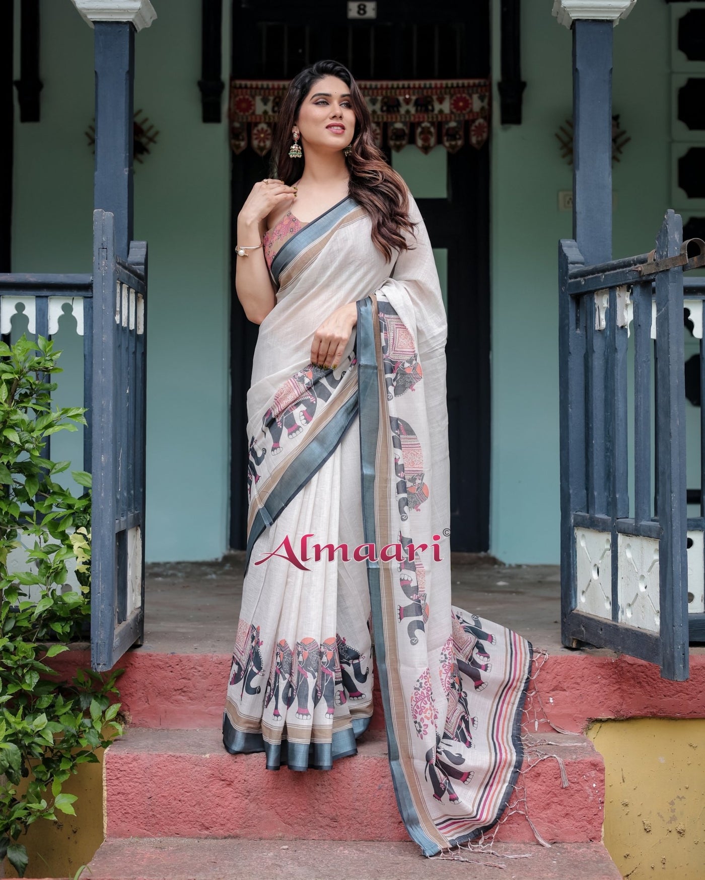 Pure Cotton Linen Saree Weaved With Zari Comes With Tassels - Almaari Fashion