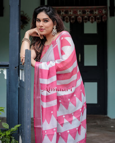 Pure Cotton Linen Saree Weaved With Zari Comes With Tassels - Almaari Fashion