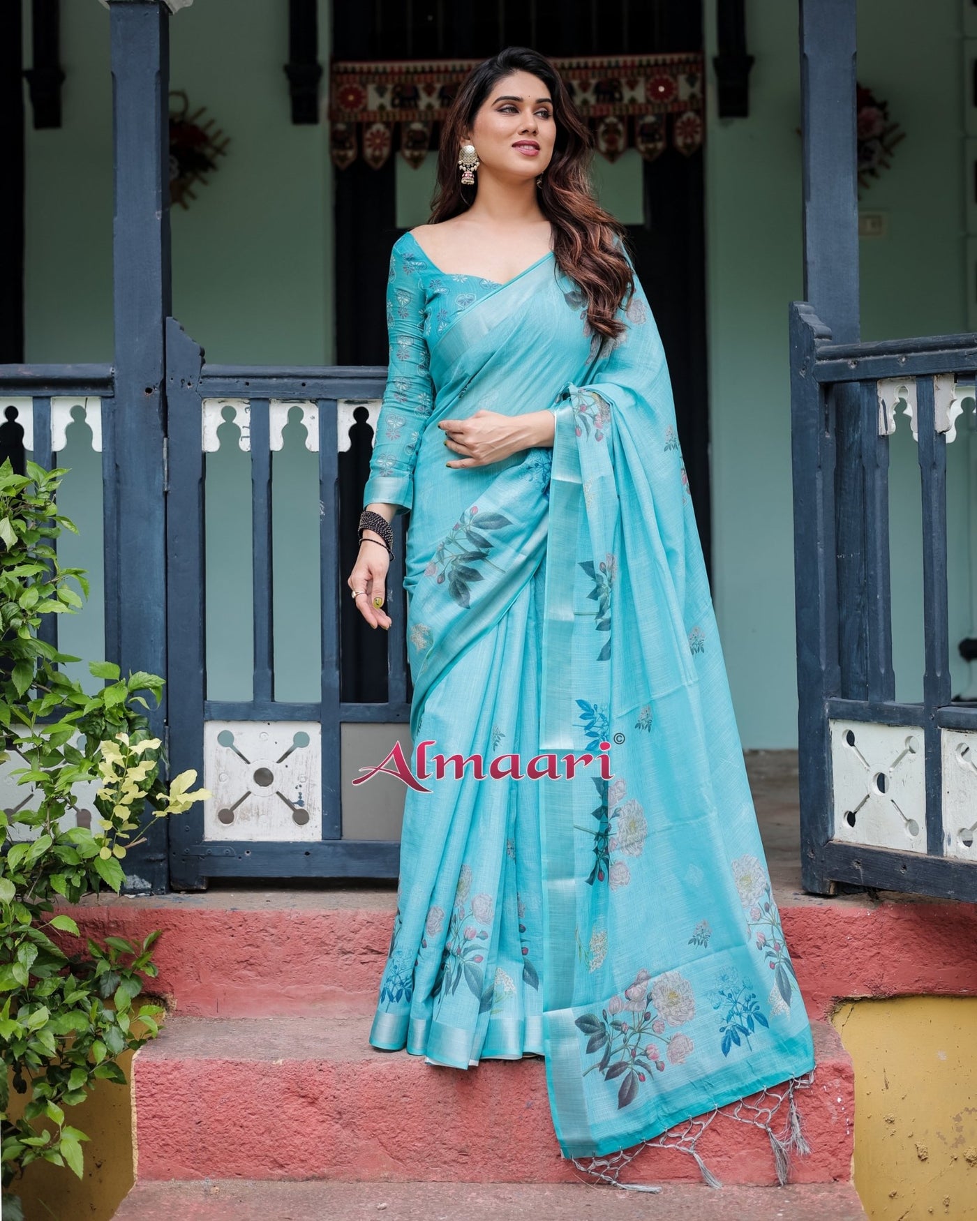 Pure Cotton Linen Saree Weaved With Zari Comes With Tassels - Almaari Fashion