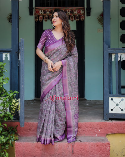 Pure Cotton Linen Saree Weaved With Zari Comes With Tassels - Almaari Fashion