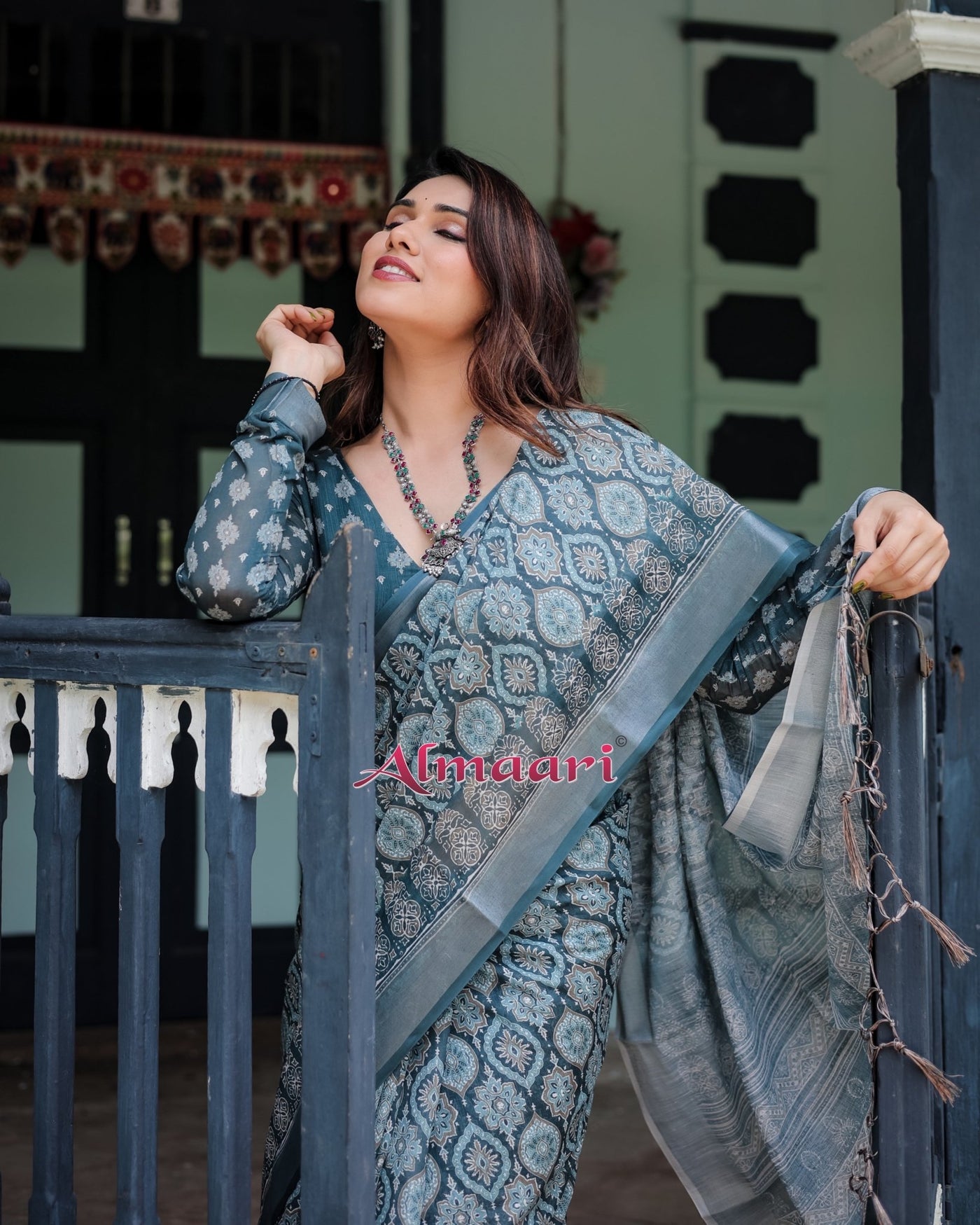 Pure Cotton Linen Saree Weaved With Zari Comes With Tassels - Almaari Fashion