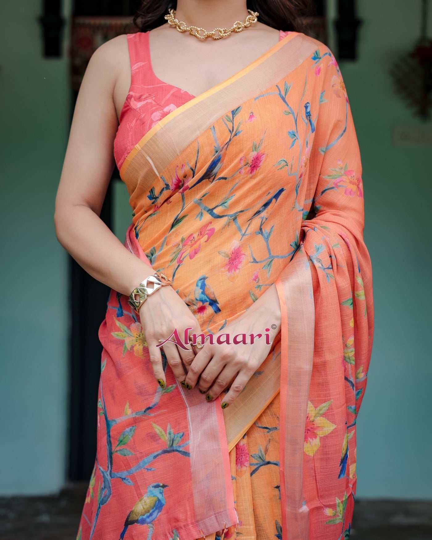 Pure Cotton Linen Saree Weaved With Zari Comes With Tassels - Almaari Fashion