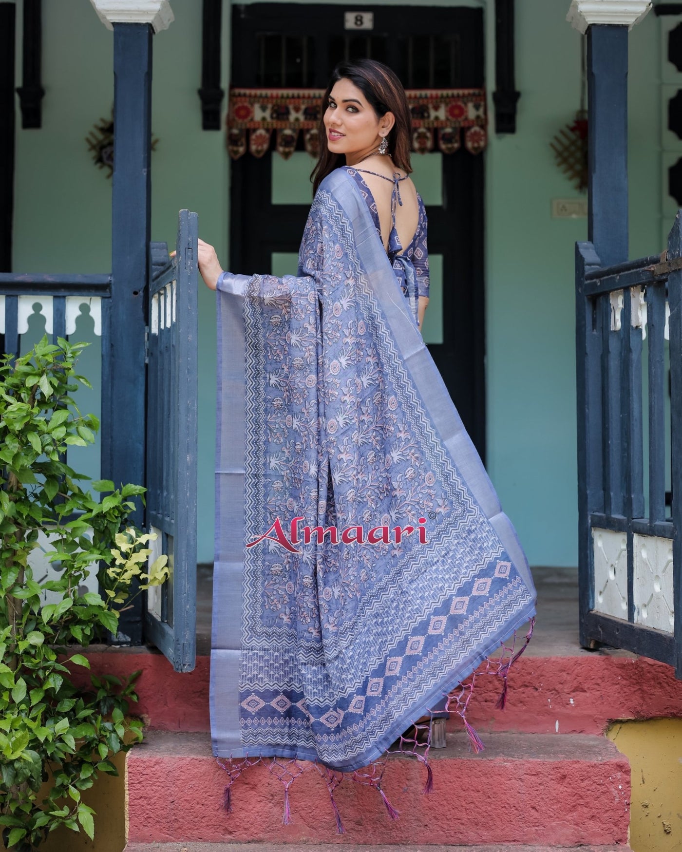 Pure Cotton Linen Saree Weaved With Zari Comes With Tassels - Almaari Fashion