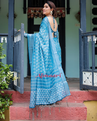 Pure Cotton Linen Saree Weaved With Zari Comes With Tassels - Almaari Fashion