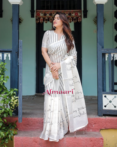 Pure Cotton Linen Saree Weaved With Zari Comes With Tassels - Almaari Fashion