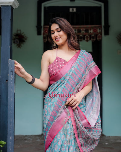 Pure Cotton Linen Saree Weaved With Zari Comes With Tassels - Almaari Fashion