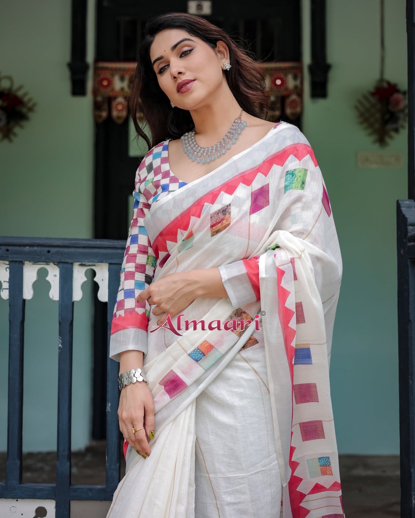 Pure Cotton Linen Saree Weaved With Zari Comes With Tassels - Almaari Fashion