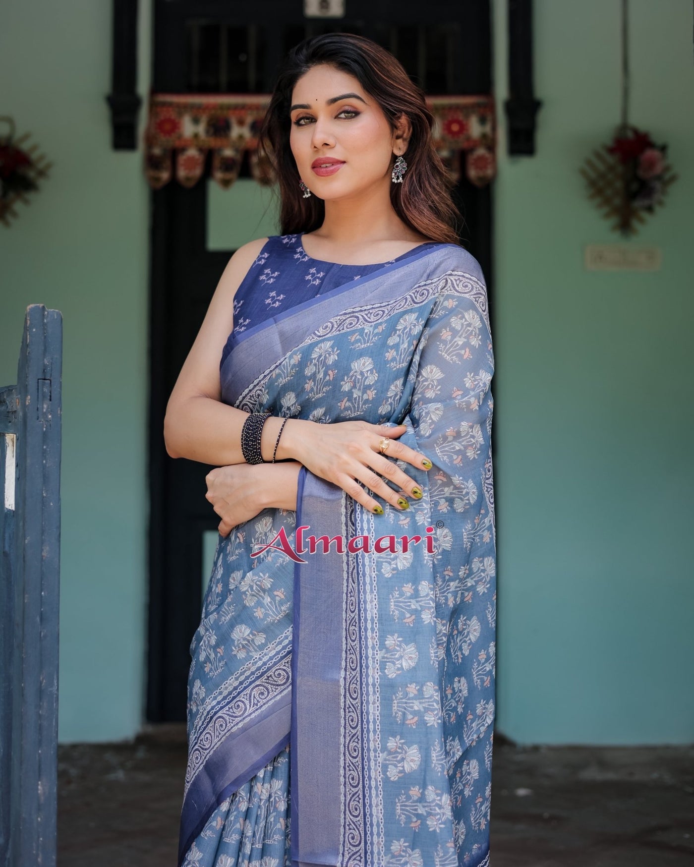 Pure Cotton Linen Saree Weaved With Zari Comes With Tassels - Almaari Fashion