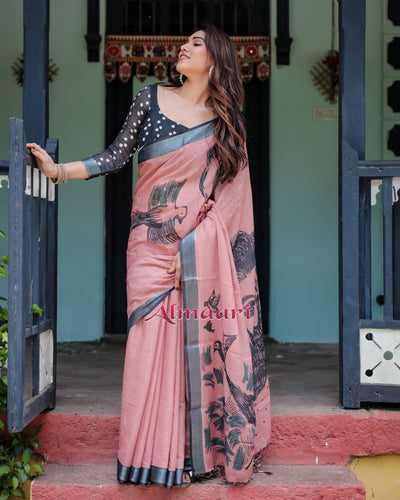 Pure Cotton Linen Saree Weaved With Zari Comes With Tassels - Almaari Fashion